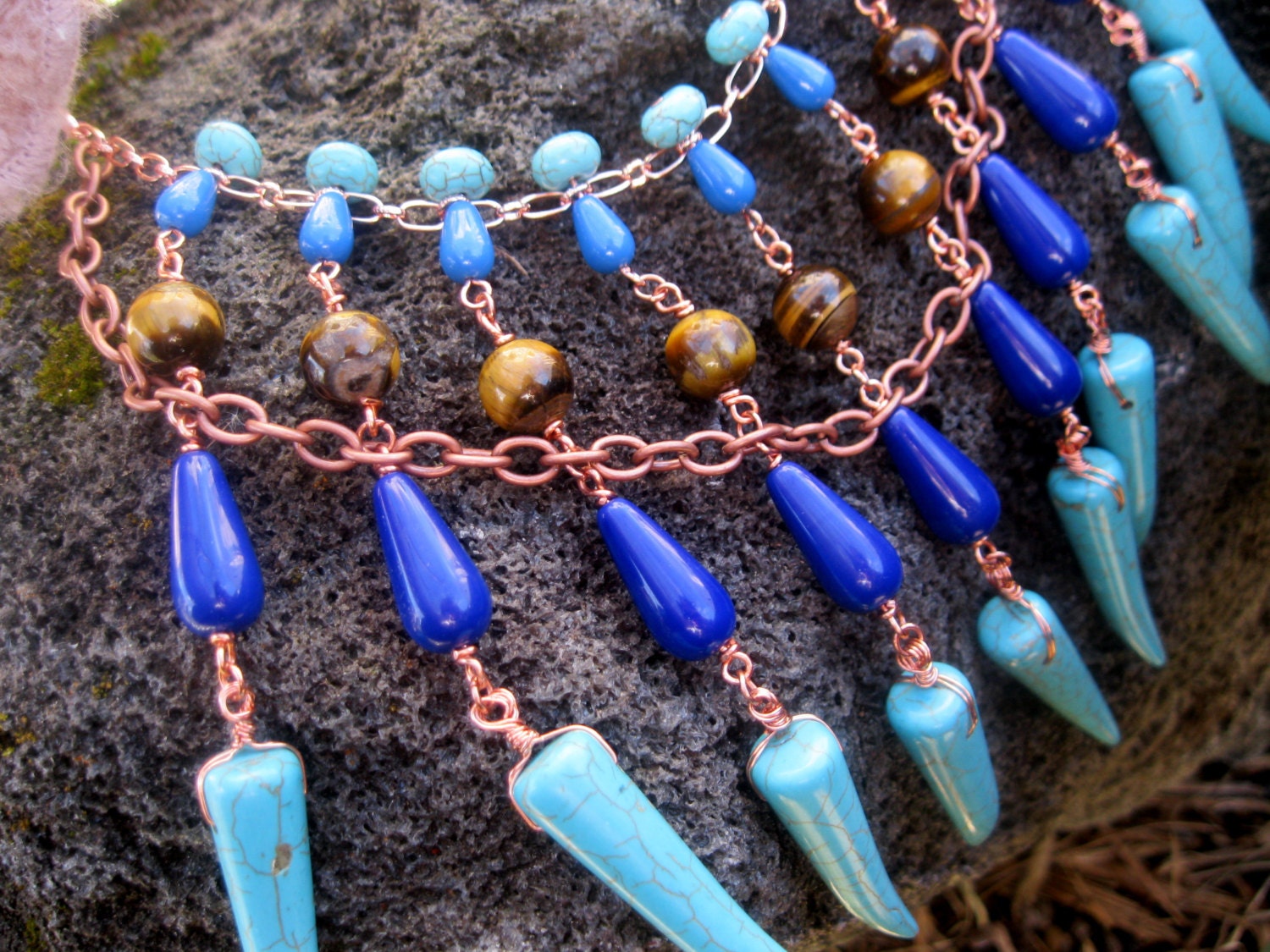 The Isadore Boho Tribal Statement Necklace Tiger Eye Turquoise Tooth