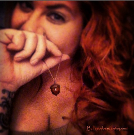 Glass Acorn Necklace - Olivine with Goldstone by Bullseyebeads