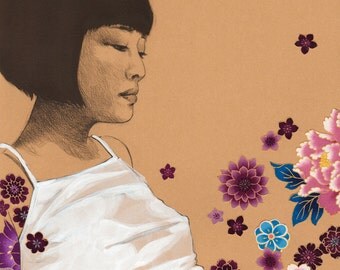 Violet - 8x10 archival fine art print - charcoal ink acrylic and fabric collage