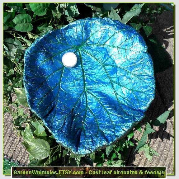 Royal blue, green handpainted veins and multiple metallic highlights - Cement leaf cast Rhubarb bird bath (Leaf No. 1285) - Pick me
