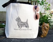 Westie Art Typography Calligram Tote Bag, Screen Printed Canvas Shopping Tote, West Highland Terrier Art Calligram Tote Bag, Animal Tote Bag