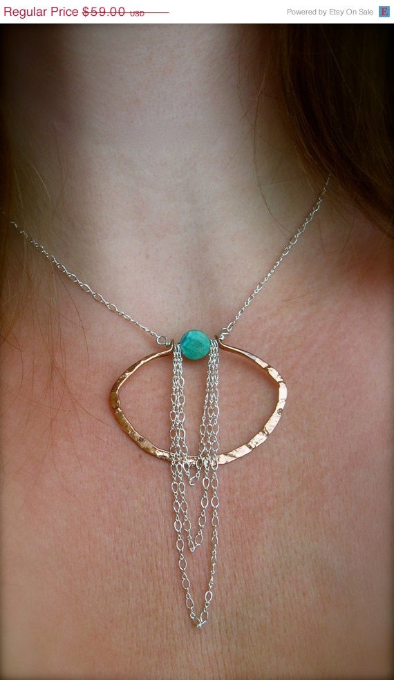 Memorial Day SALE Copper Clam - sterling swag necklace - faceted turquoise dot - ready to ship