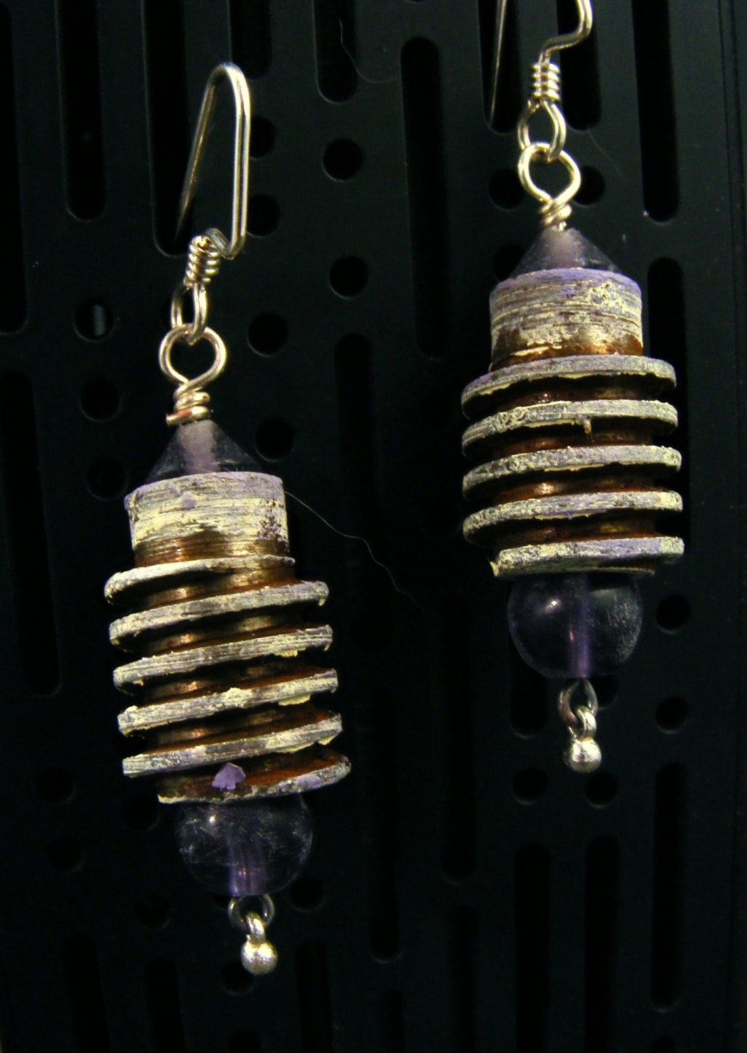 Industrial Chic Steampunk earrings with Primitive Purple beading. OOAK by Barkingdoggallery