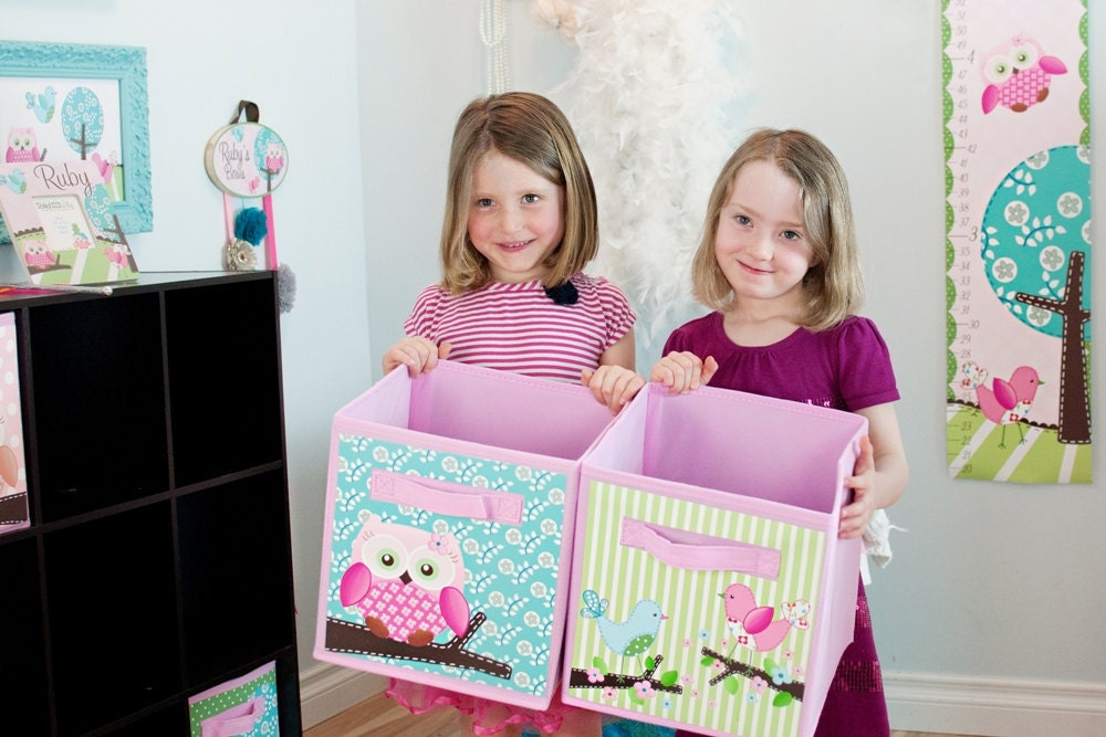 Set of 2 Sweet Little Owl and Birdie Fabric Bins Girl's Bedroom Baby Nursery Organizer for Toys or Clothing