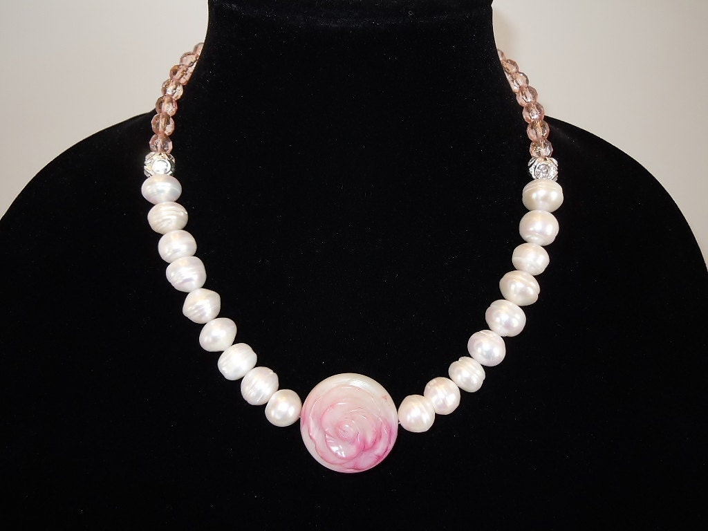 Beautiful Freshwater Pearl, and Carved Jade Rose Beaded Strand Statement Necklace by Debbie Renee, with Crystal and Pink Czech Glass