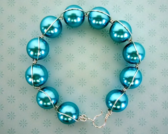 Wire Wrapped Bangle Bracelet by Debbie Renee, Large Turquoise Blue Pearls, Silver Plated Wire