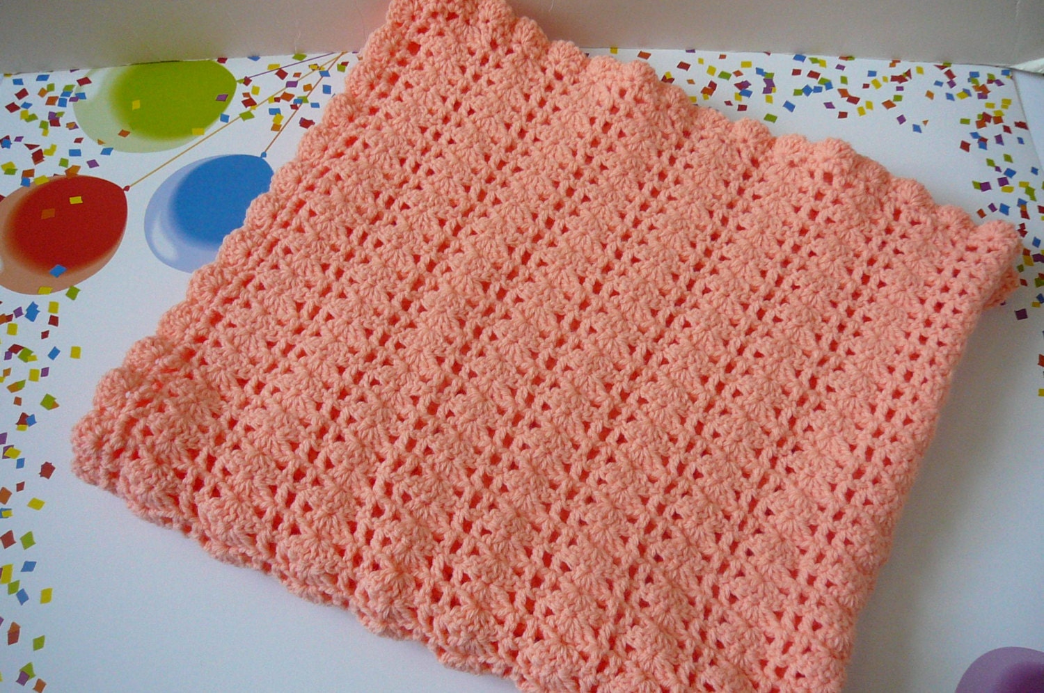 Crocheted Shell Peach Baby Blanket    READY TO SHIP    Size: 32 ins by 34 ins