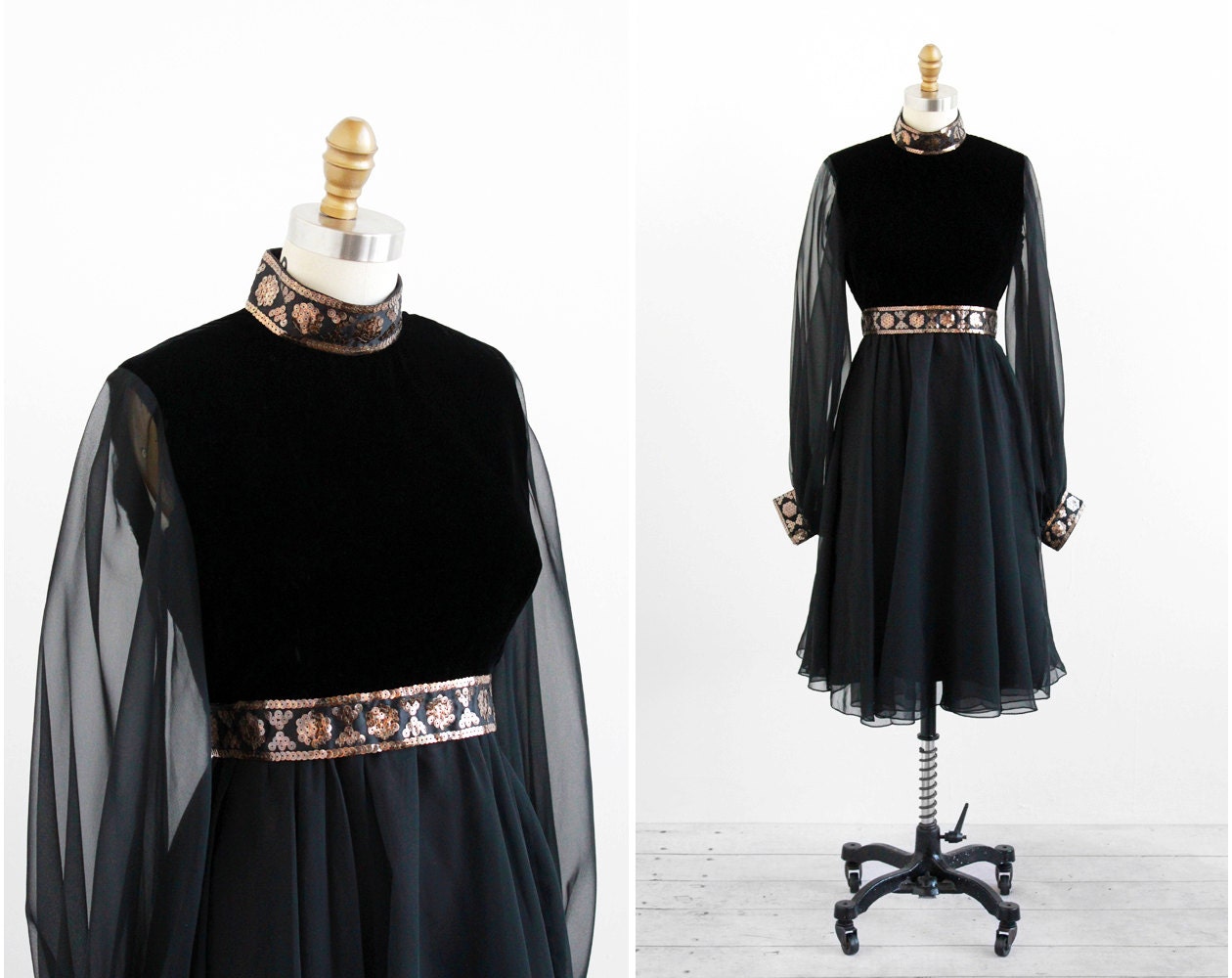 vintage 1960s dress / 60s dress / Sheer Black and Gold Sequins Mod Party Dress
