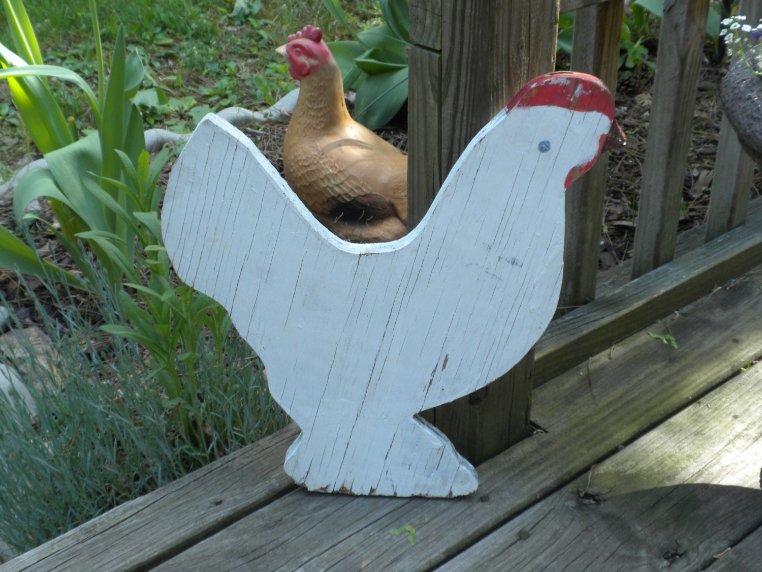 folk art wooden chicken, yard decor, wall decor, vintage wooden cut-out chicken