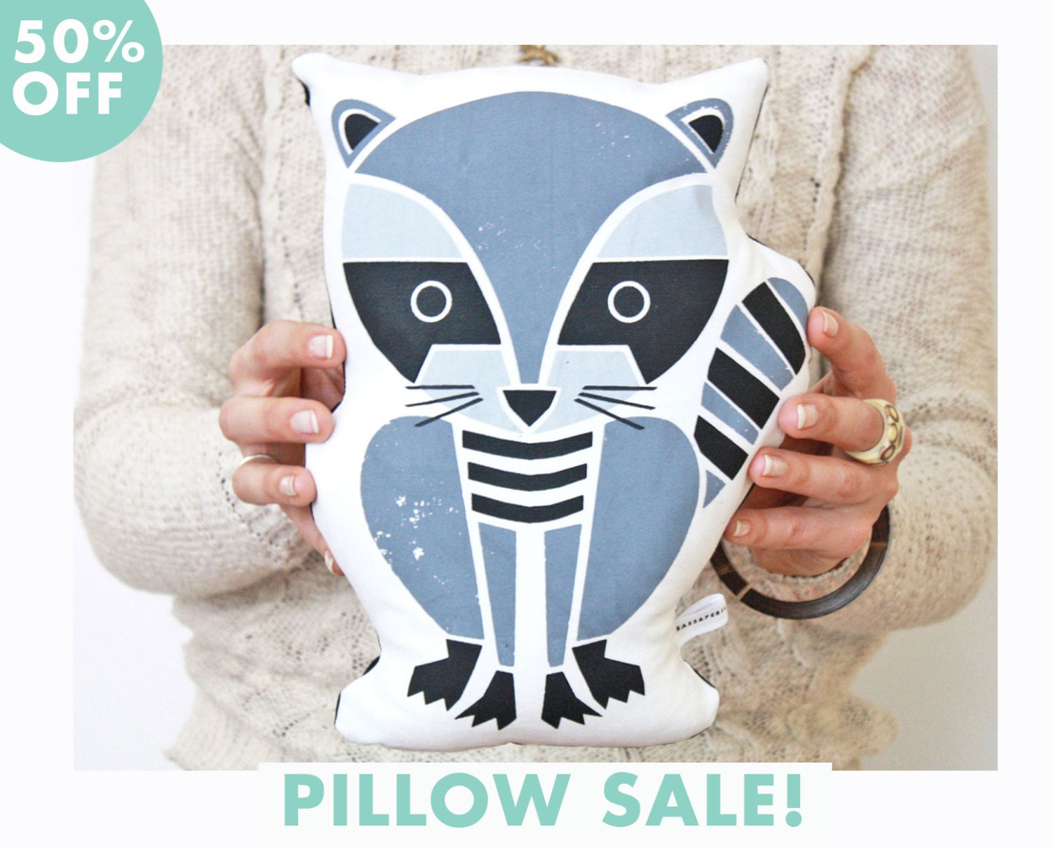 Sale, Half Off- Animal Pillow, Raccoon, Organic, Woodland, Screenprinted