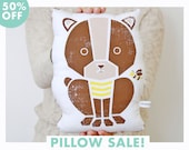 Sale, Half Off- Decorative Pillow, Honey Bear, Animal, Organic, Screenprinted, Woodland