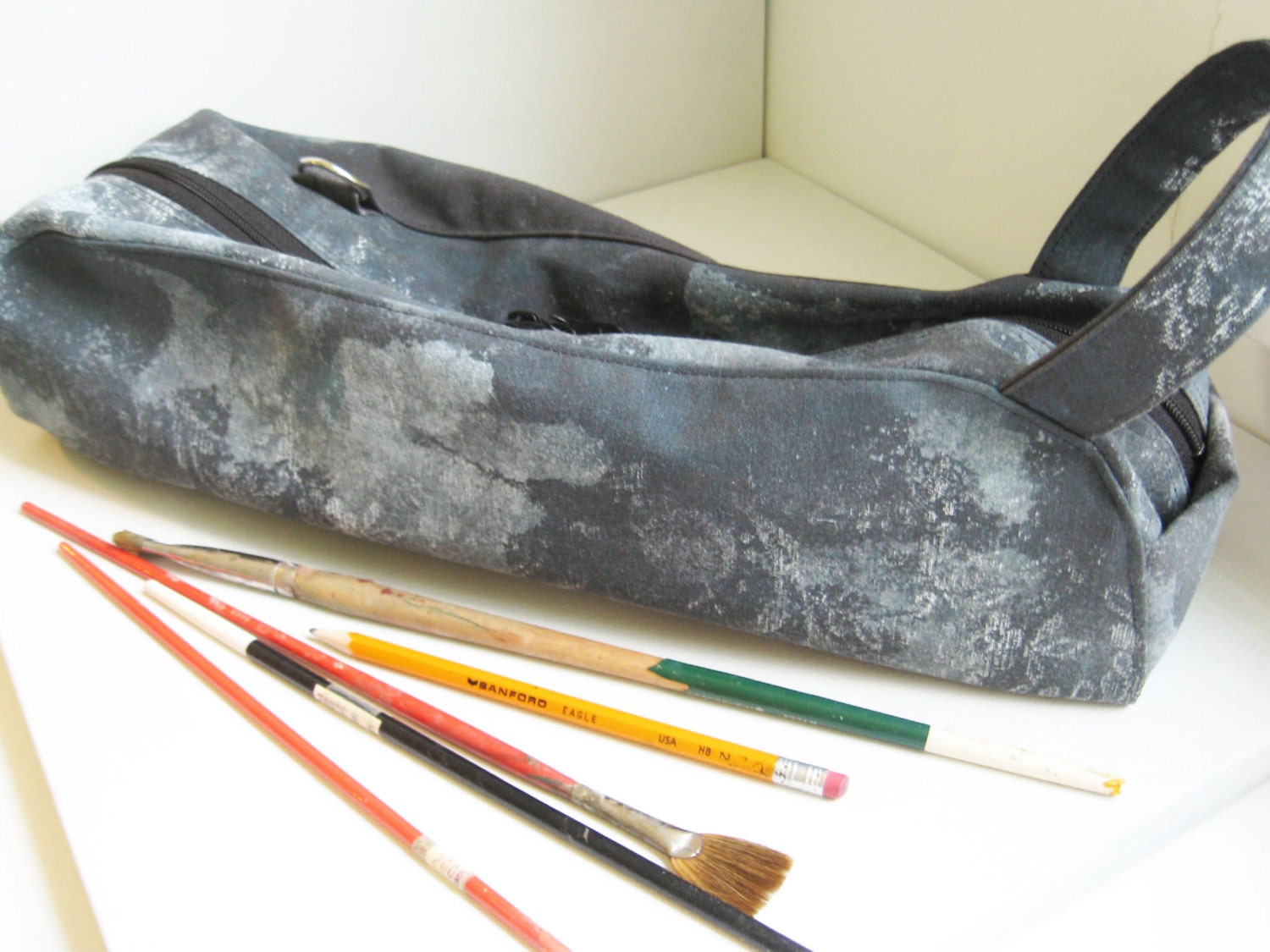 Long Bag Artist Bag Tool Pouch Gray Blue White Pencil Pouch Ghost Print Lace