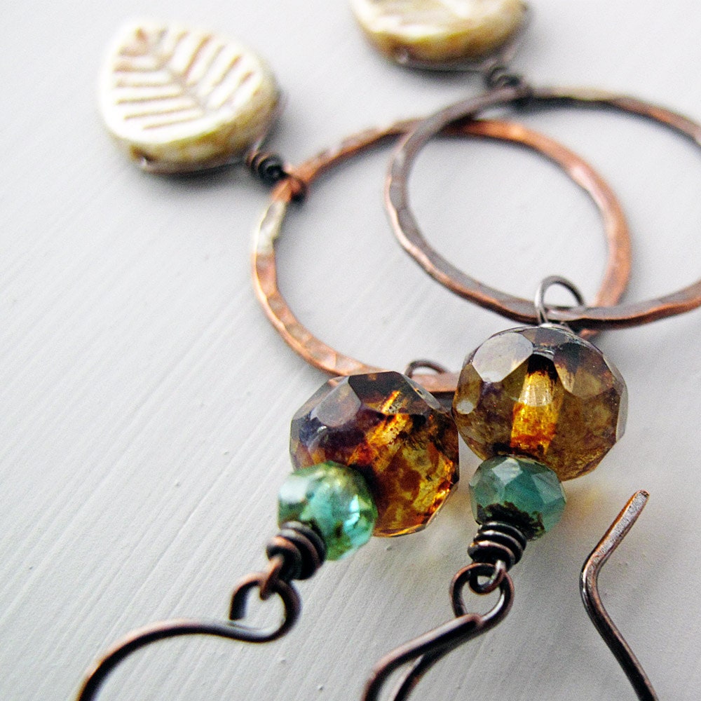 Boho Copper Hoop Earrings, Glass Leaf Dangles, Blue and Green