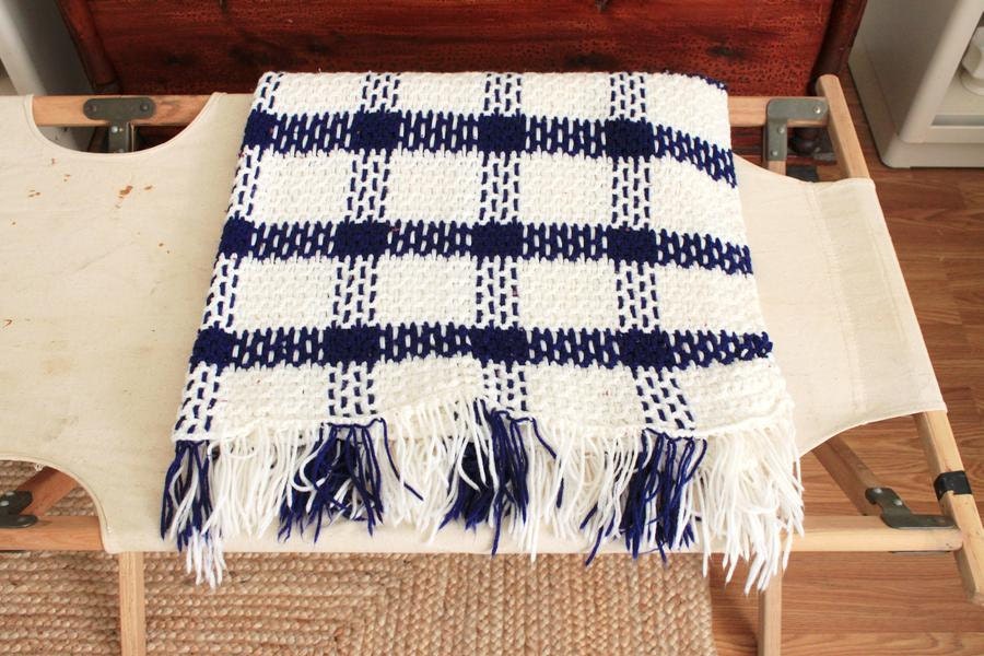 vintage creme and blue Crochet blanket, vintage afghan throw