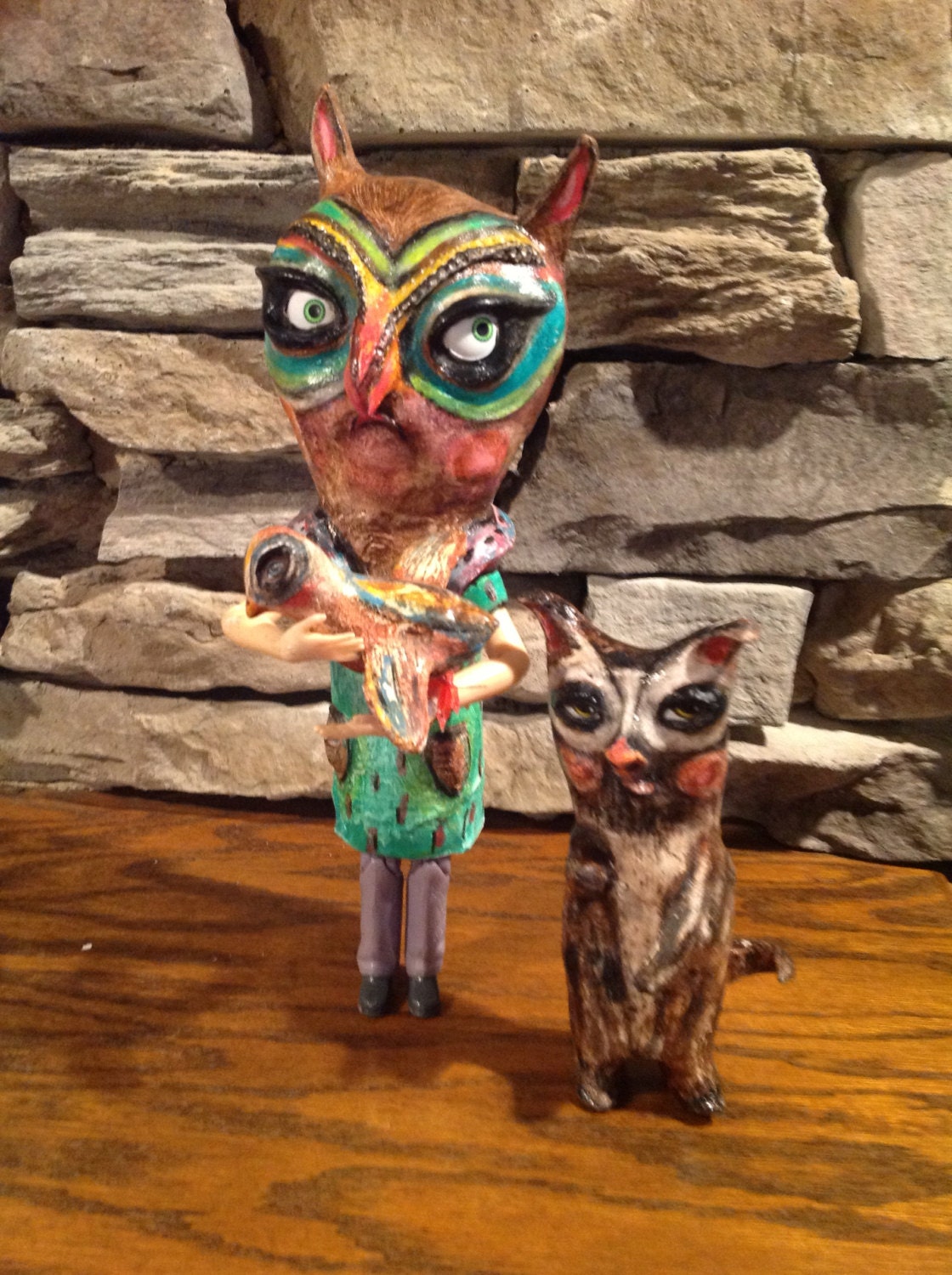 Folk art whimsy Owl woman and bird paper mache paper clay art doll