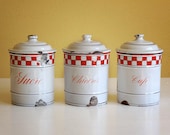 vintage French enamelware canisters, set of 3 red lustucru checkered pattern, white enamel pots