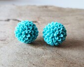 Teal mum flower earrings.  Sterling silver.  Small post studs.