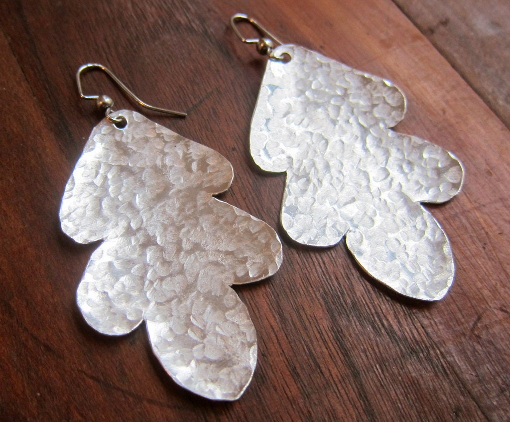 Silver Oak Leaf Earrings / Hammered Metalwork / Medium Size
