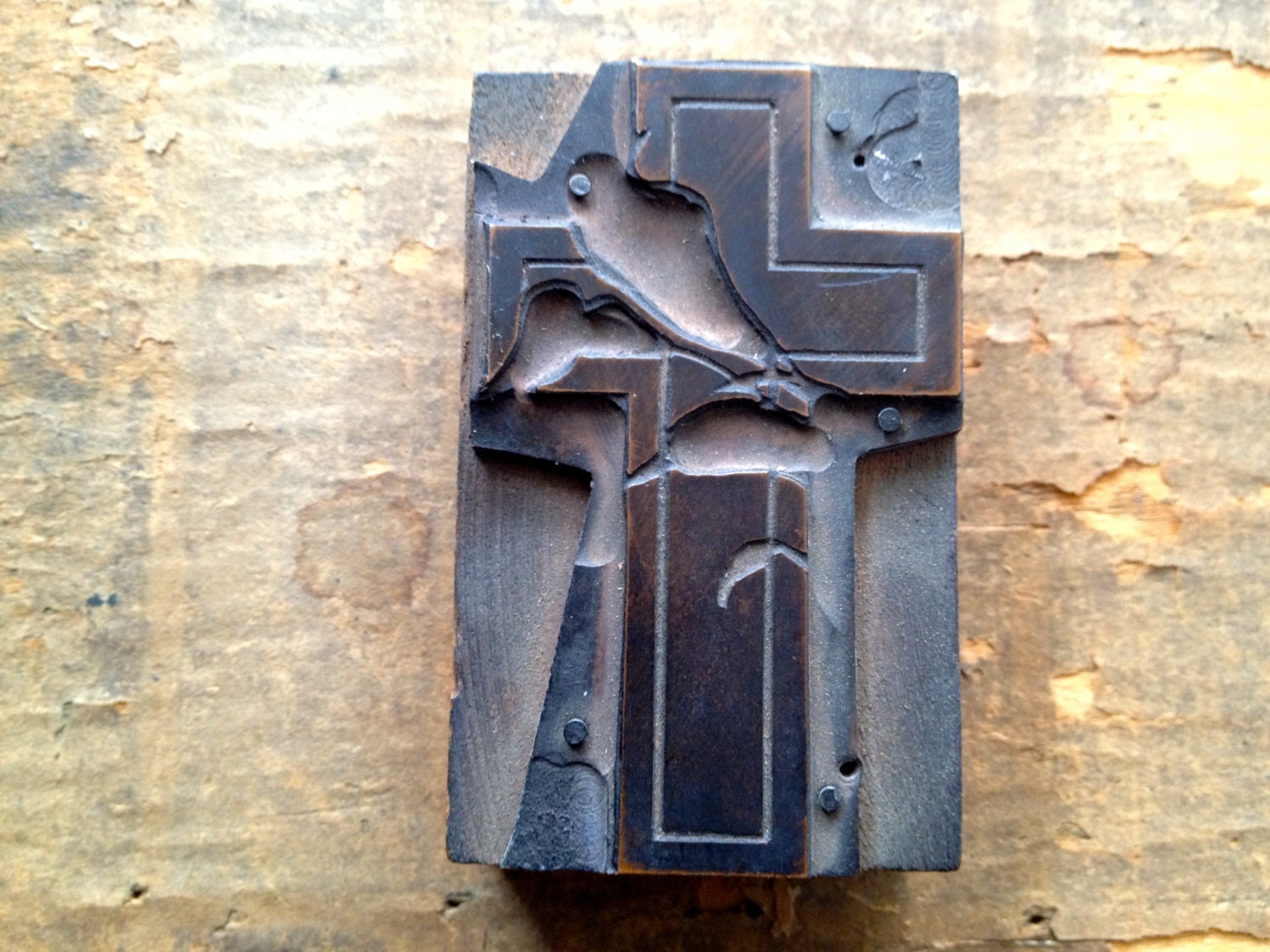 Vintage PRINTERS BLOCK copper on wood - Cross