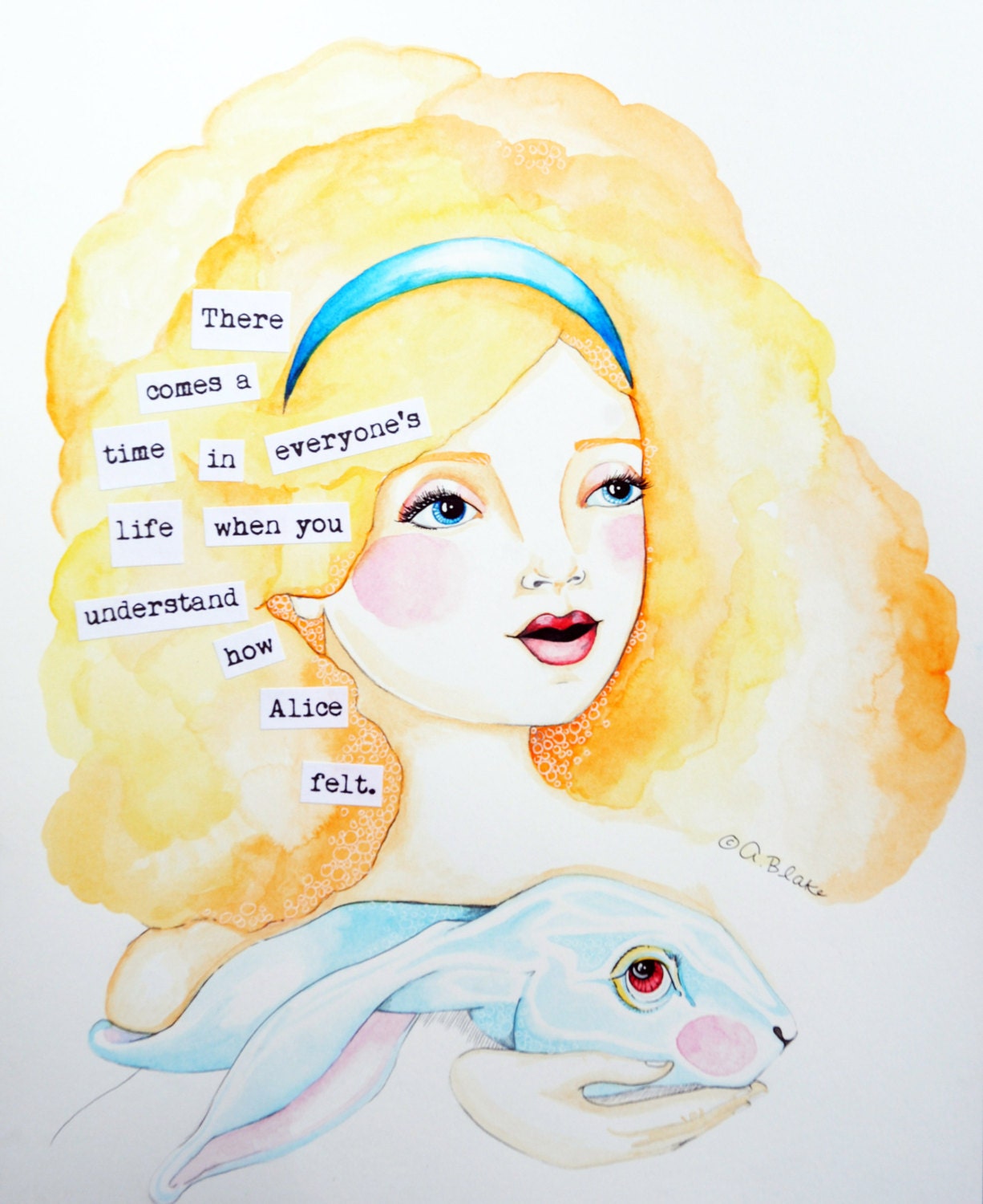 Mixed Media Watercolor Original Alice in Wonderland Painting by Paintingbliss