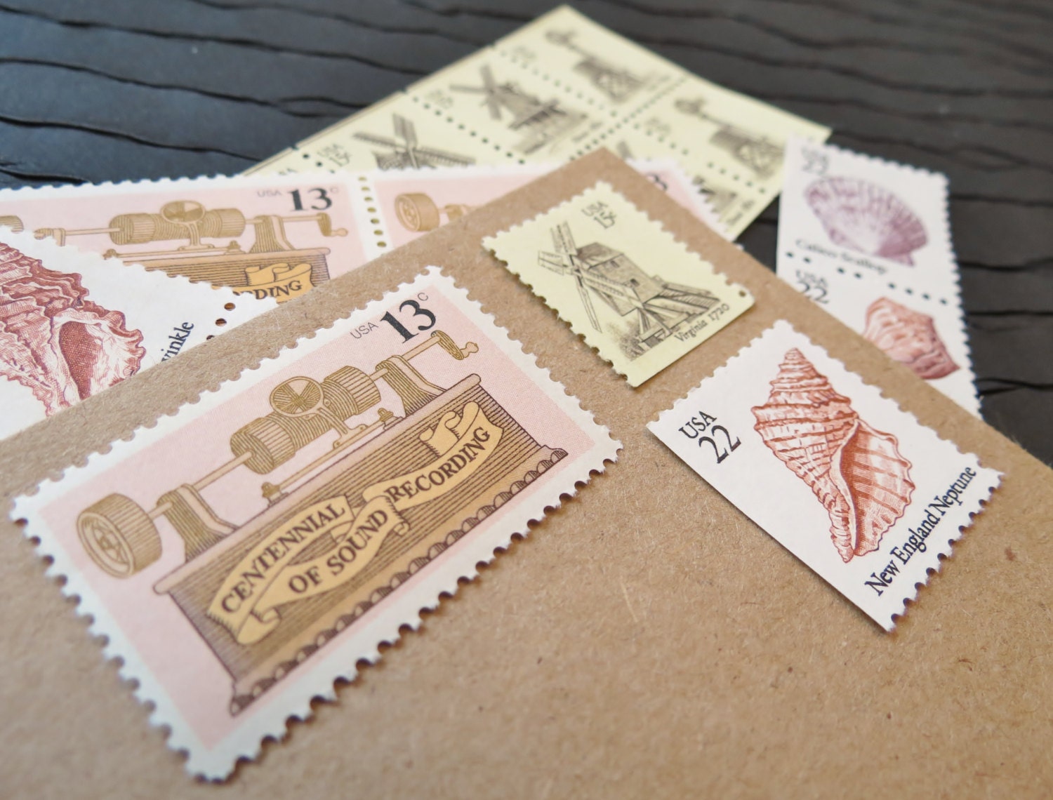 Golden Sound .. Seashells .. Vintage UNused Postage Stamps .. to post 5 letters