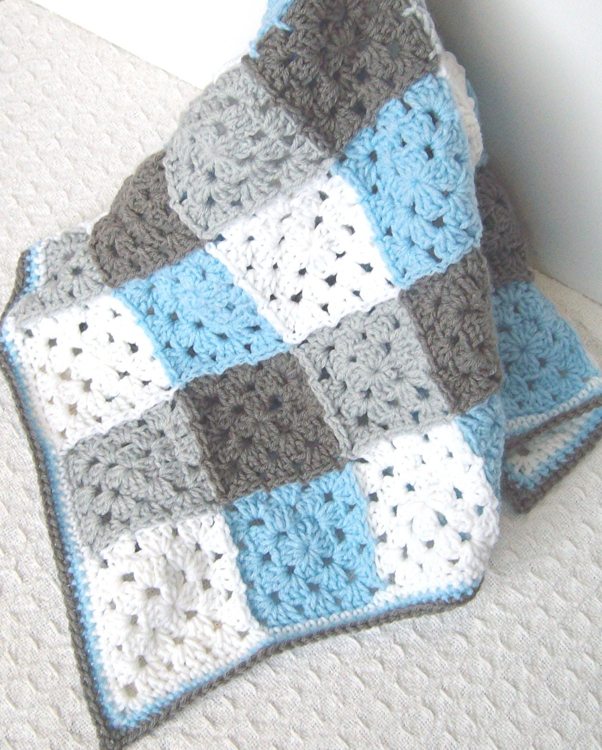 Crochet Blue Baby Blanket - Gray Blue Crochet Granny Square Afghan / Blanket - Crochet Patchwork - Blue Gingham Crochet Baby Boy Blanket
