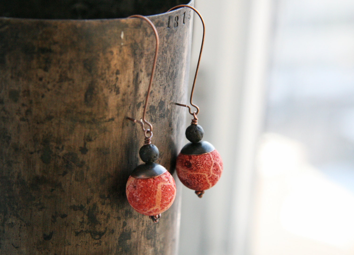Red Black Earrings Genuine Coral and Black Jet Lava Dangle Earrings Europeanstreetteam