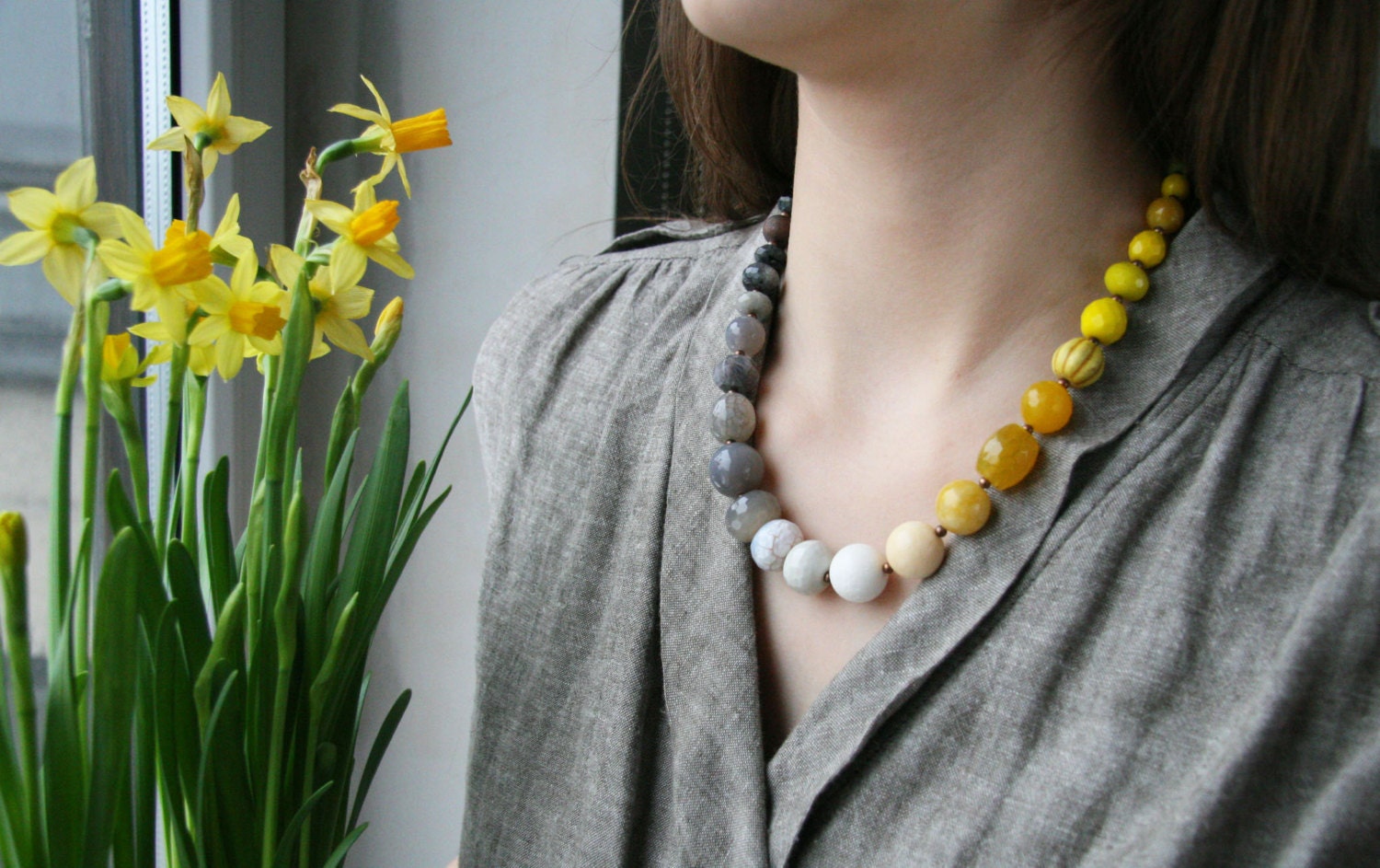 Statement Necklace Lemon Yellow Gray Beaded Necklace Color Block