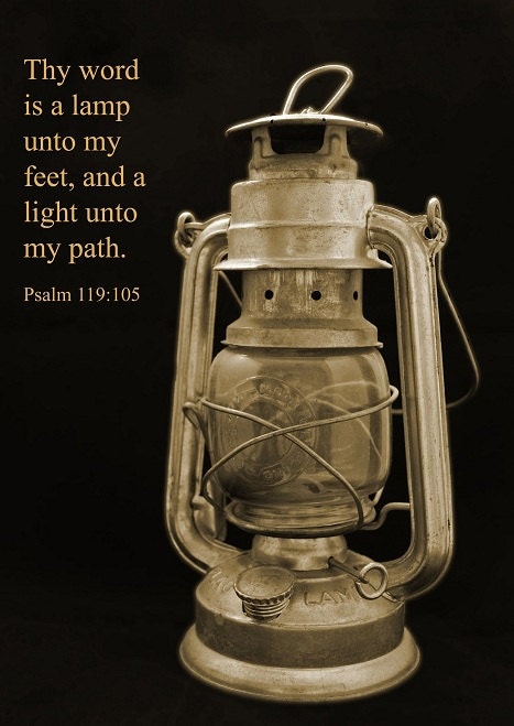 Psalm 119:105 Christian Photography with Bible Text 7x5 - Lent, still life, scripture, lamp, light, lantern, sepia