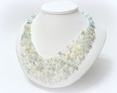 Aquamarine and white pearl wedding airy crocheted necklace. Wedding - Beautyland