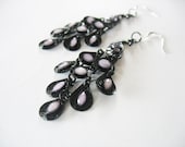 Peacock Chandelier Earrings Black Metal and Faceted Lilac Stone Long Dangles