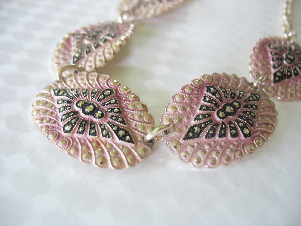 Vintage Marcasite Aluminum Necklace Pink & Black Goldtone Eloxal W. Germany Late 1950's
