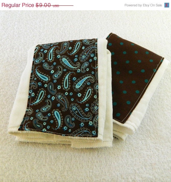 SALE Burp Cloths  - Blue & Brown Paisley and Dots- set of 2