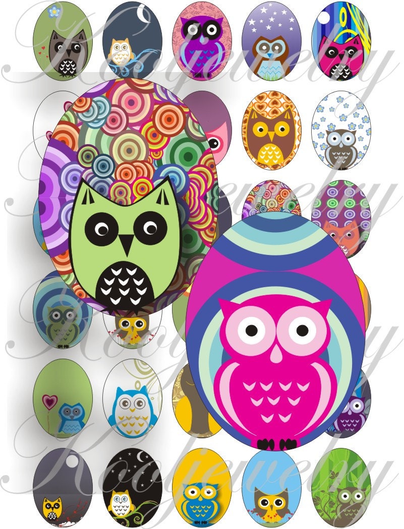 Cute Owls 40x30mm oval images for charms, pendant, buttons, scrapbook and more Vintage Digital Collage Sheet No.1190