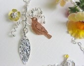 Bird necklace with leaf and flower -  sterling silver - bird pendant - nature jewelry - leaf or branch necklace - copper, brass