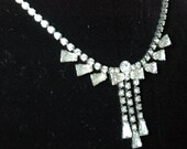 Vintage Rhinestone Wedding Necklace w/ Tapered Baguettes, 1960's Bridal