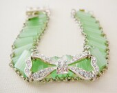 Vintage Bead Bracelet, Mint Green, Rhinestone Silvertone Czech Glass Tube Bracelet Bow