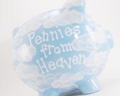 Personalized Piggy Bank - Pennies from Heaven - Light Blue - Clouds - with hole or NO hole in bottom