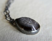 Druzy sterling silver necklace bezel set brown black sparkling gemstone necklace - The Darkest Cavern