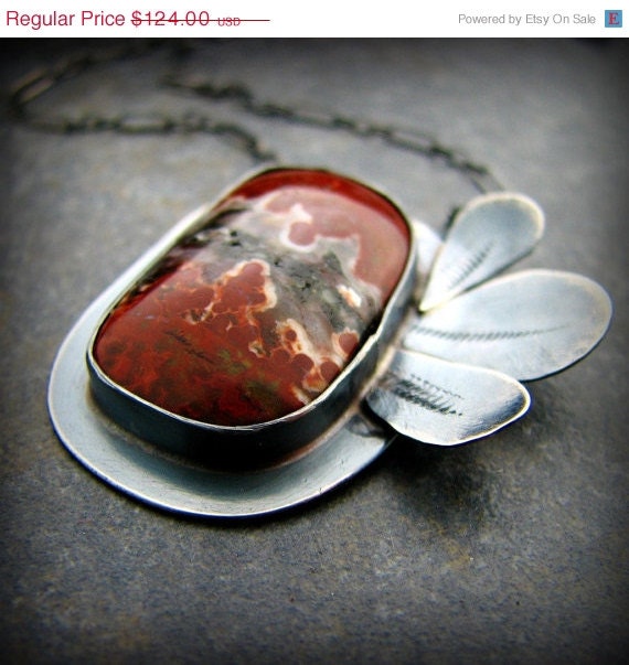 SALE 20% off Ocean Jasper and sterling silver handcrafted rustic necklace - Fire Garden