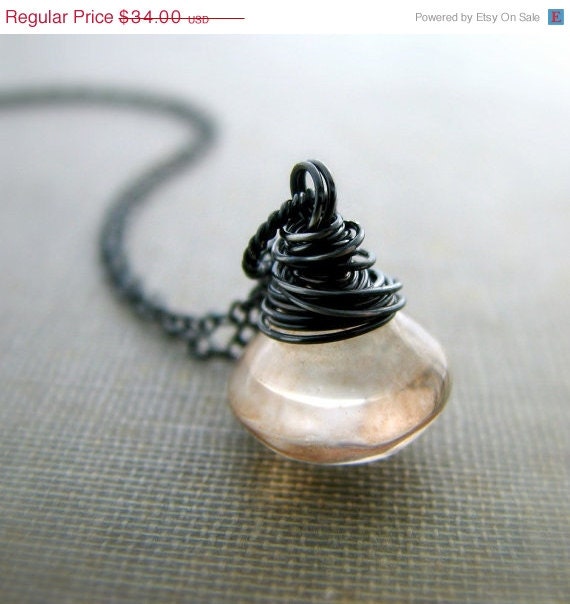 SALE 20% off Wire wrapped gemstone necklace sterling silver rustic oxidized smooth peach quartz - The Thaw