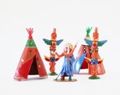 Teepee Fun - Vintage Plastic Teepee - Native American - Totem - Southwest - Tribal - Orange - Desert - Blue - Green