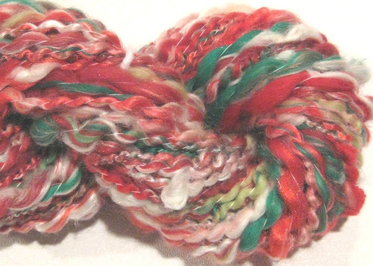 handspun art yarn Radish 64 yds thick and thin thread plied yarn, red green white knitting supplies crochet supplies