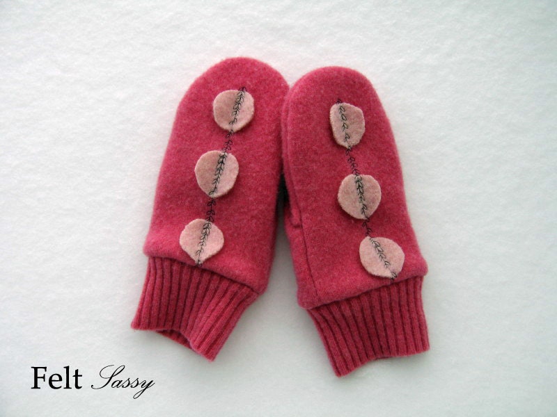 Women's Felted Mittens - Pink Dots - Fully Lined - Recycled Wool Sweater - by FeltSassy