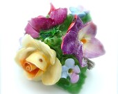 Porcelain Flower Brooch Colorful Vintage Bouquet Gardening Jewelry Signed Coalport Made in England, FREE US SHIPPING