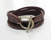 Brown Straps Leather Bracelet with Alloy Toggle Bronze Tone Clasp Hand Stitched