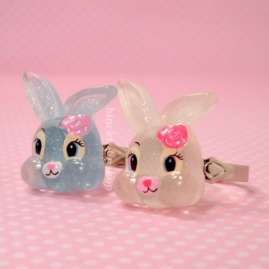 Sweet Lolita Jewelry White Glitter Bunny Ring Pink Flower Silver Adjustable - WHITE ONLY