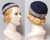 1950s Hat - Navy Wool Beanie Hat with Houndstooth Trim