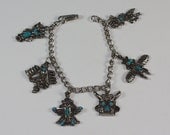 Vintage Native American Theme Charm Bracelet Faux Turquoise Silver Tone