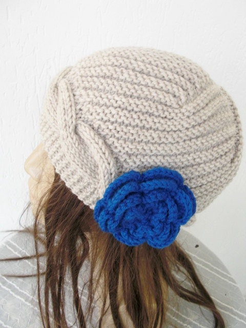 Hand Knit  Hat-   Womens Hat Cloche Hat  in Beige  Winter Accessories with crochet flower Snow warm- christmas-  Fall Autumn oatmeal